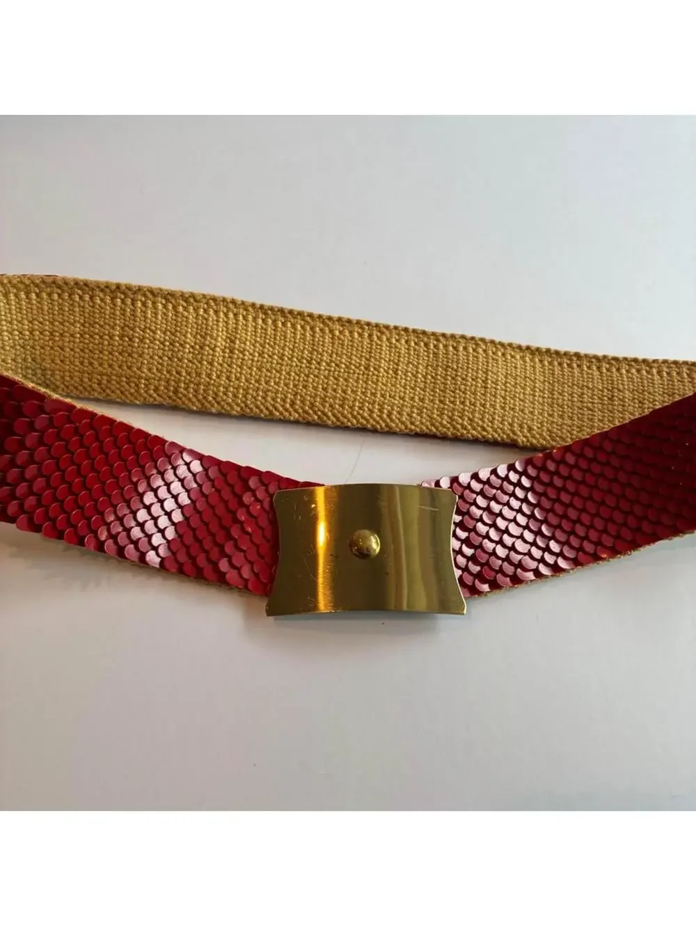 Vintage Red Fish Scale Elastic Belt Disco Glam Stretch Belt Gold Tone Clasp S M